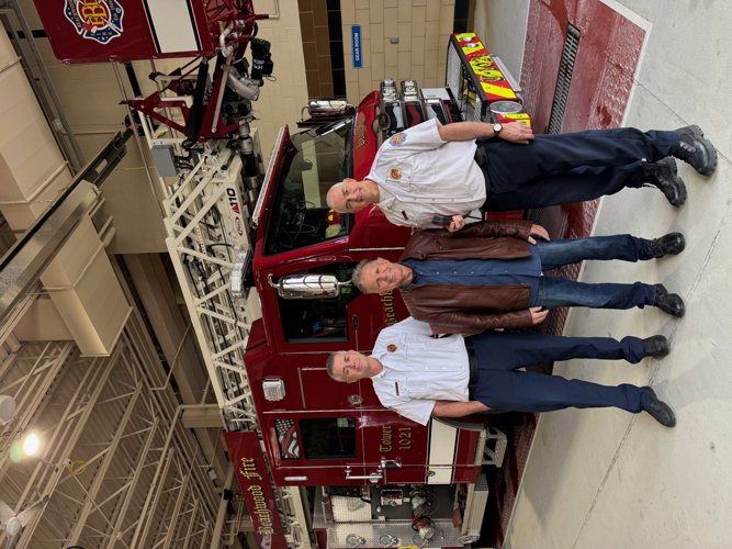 L-R: Beachwood assistant fire chief Mathew Domonkos, VFR Foundation founder Dave Knott, Beachwood fire chief Steven Holtzman